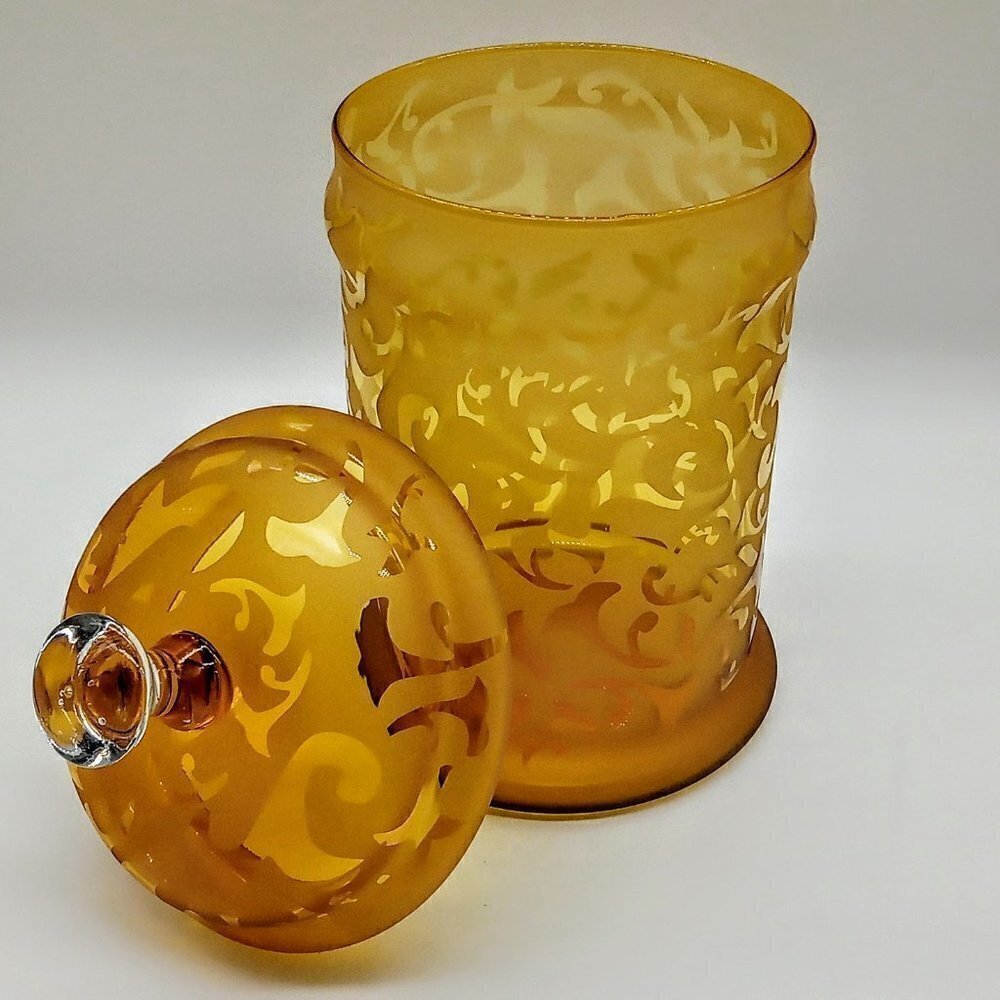 Golden Amber Frosted Etched Glass Tall Covered Canister